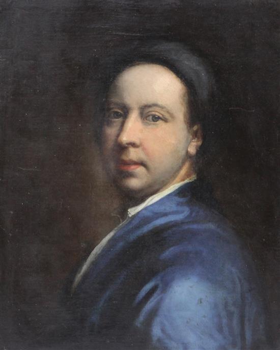 Early 18th century English School Portrait of a gentleman wearing a blue coat, 23.5 x 17.5in.